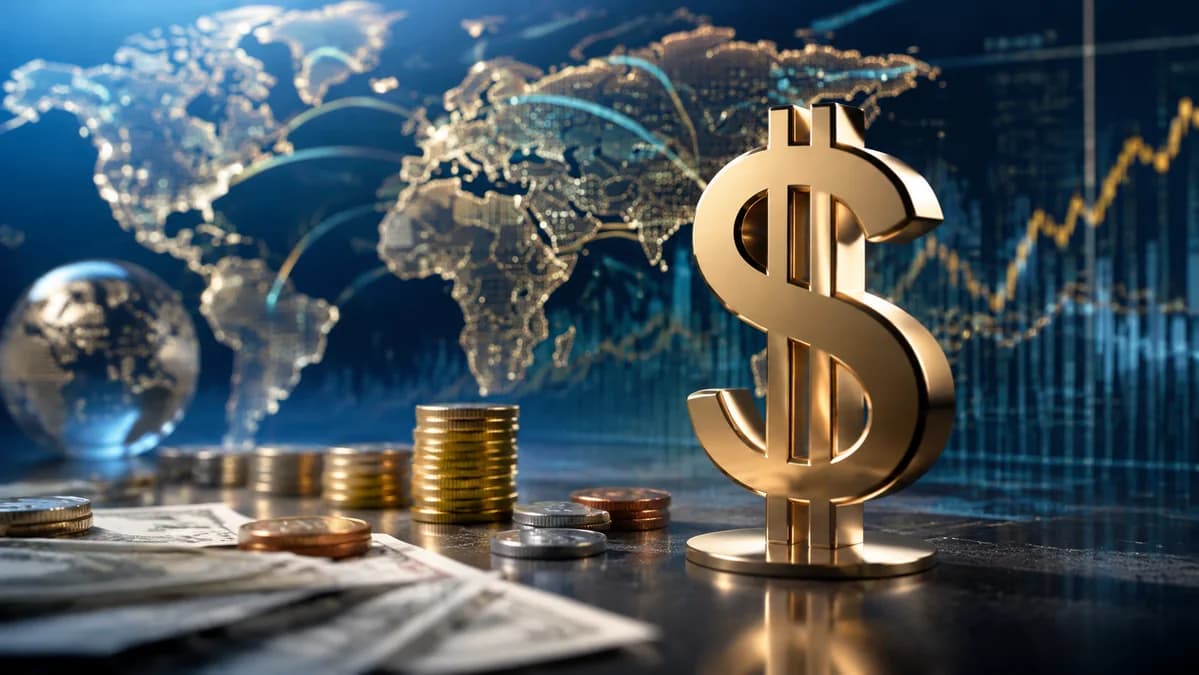 Gold dollar symbol in front of a global financial map and market data.