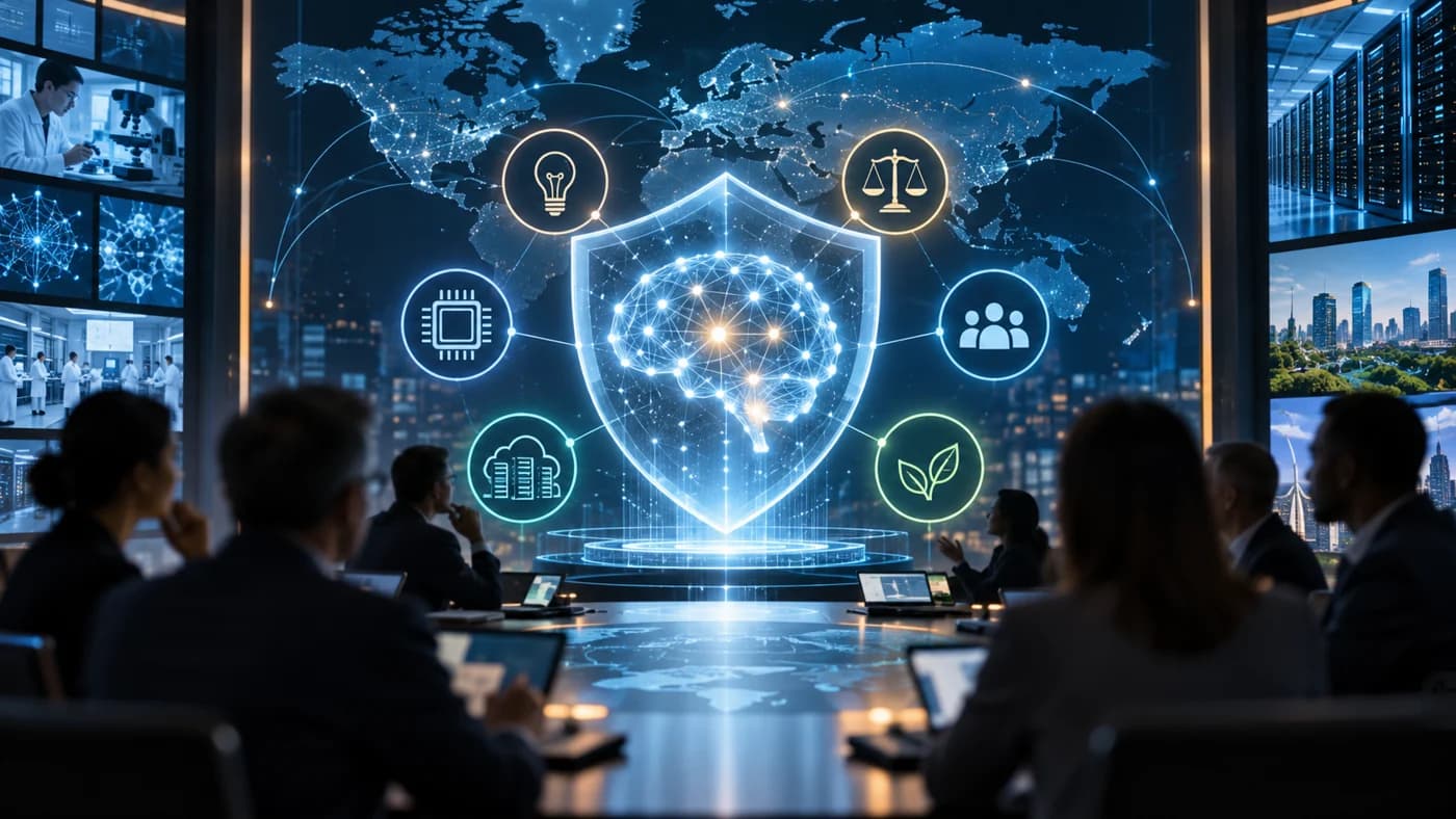 AI safety shield displayed during a global technology policy discussion