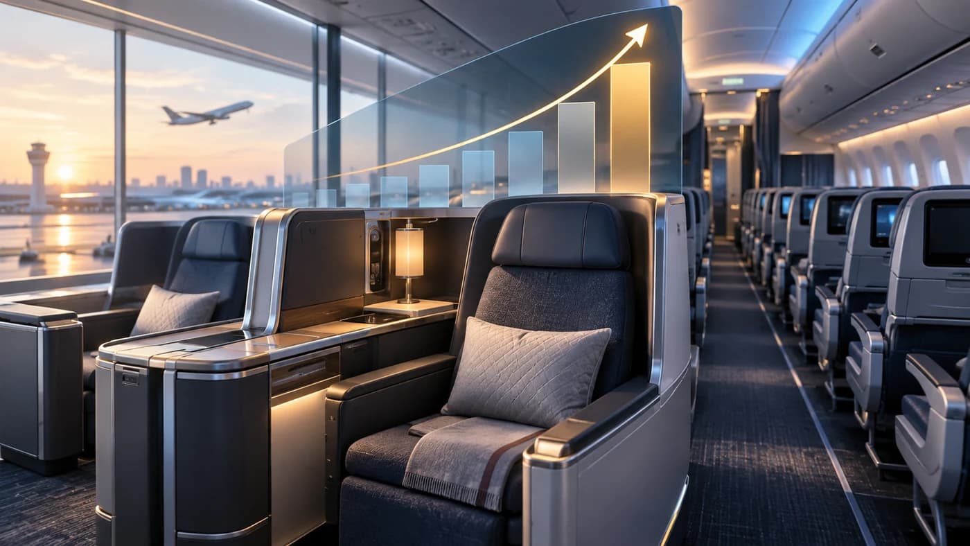 Premium airplane seats with a rising revenue chart, symbolizing growing demand for higher-priced cabin seats.