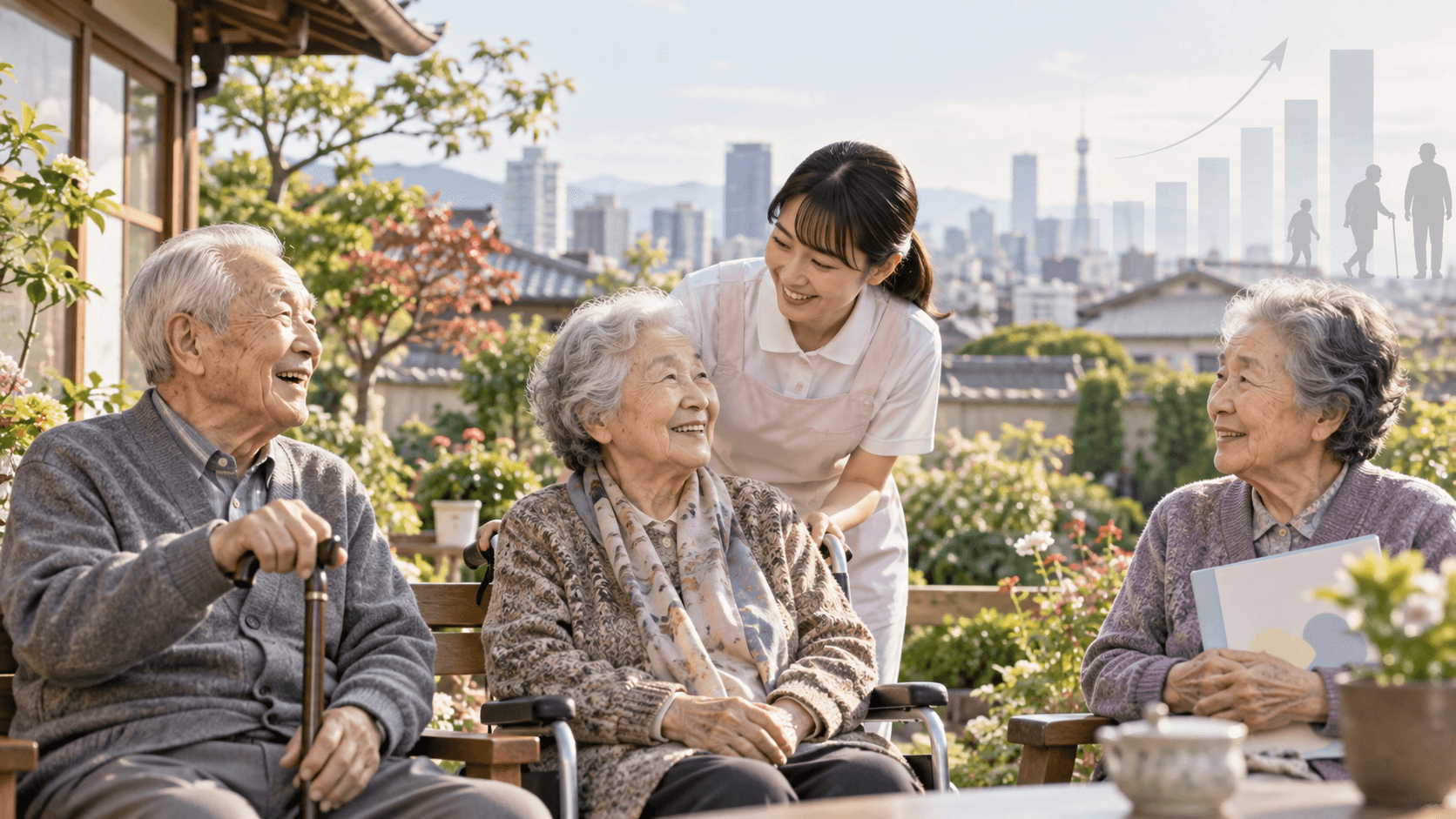 Elderly people in Japan with a caregiver, symbolizing the country’s growing centenarian population.