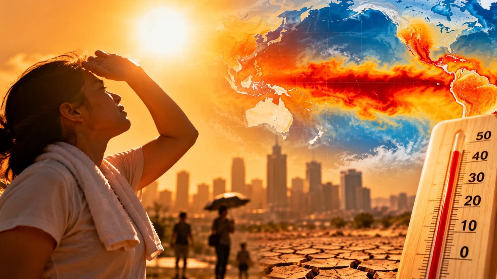 Illustration of extreme El Niño heat, with a heat-stressed person, high temperatures, drought conditions and a Pacific Ocean heat map.